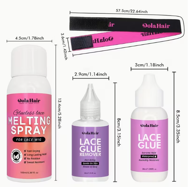 Dolahair Lace Wig Glue Kit - Waterproof, Hypoallergenic Spray for Front Lace Wigs with Melting & Bonding Formula, Includes Remover & Elastic Band